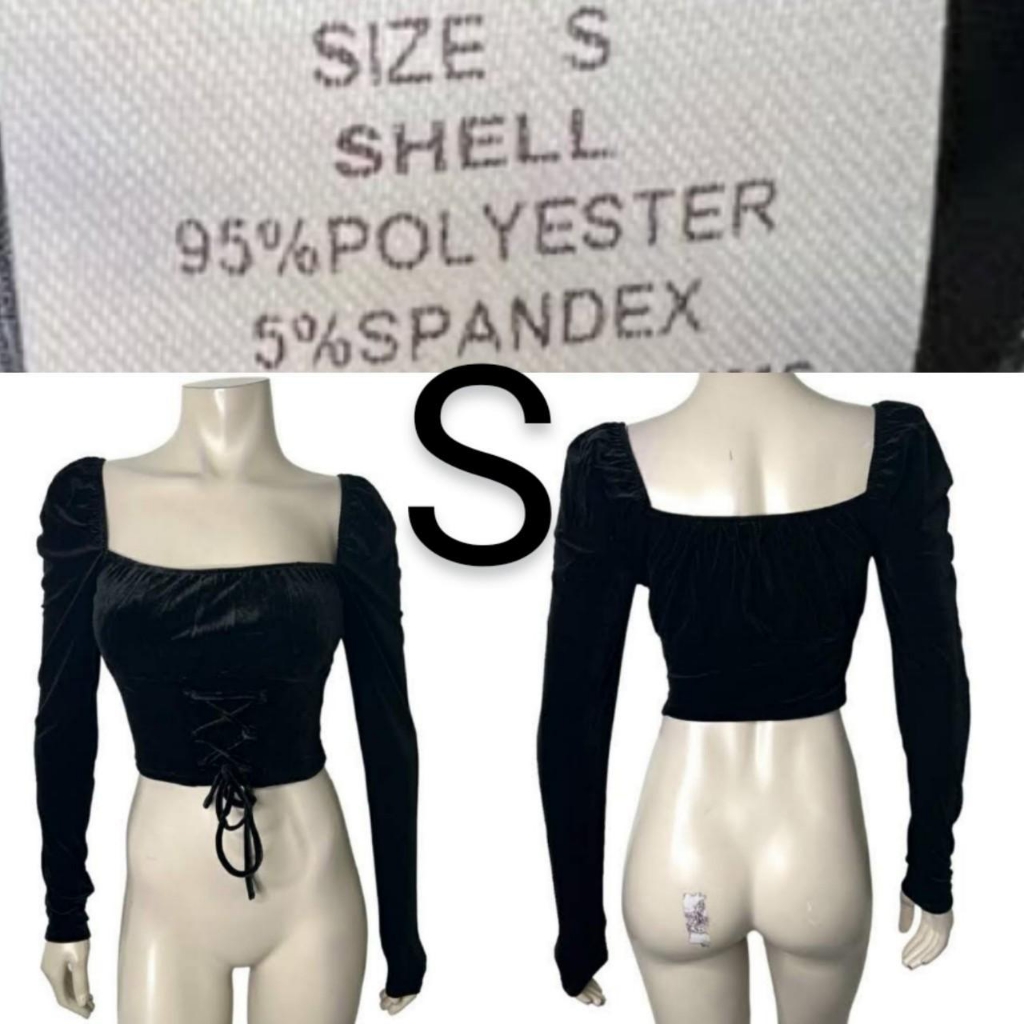Black Velvet Long Sleeve Lace Up Waist Crop Top~Size S
